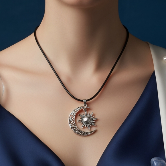 ๐๏ธBoho Celestial Sun & Moon Silver Plated Mixed Metal Adjustable Necklace - Picture 3 of 13